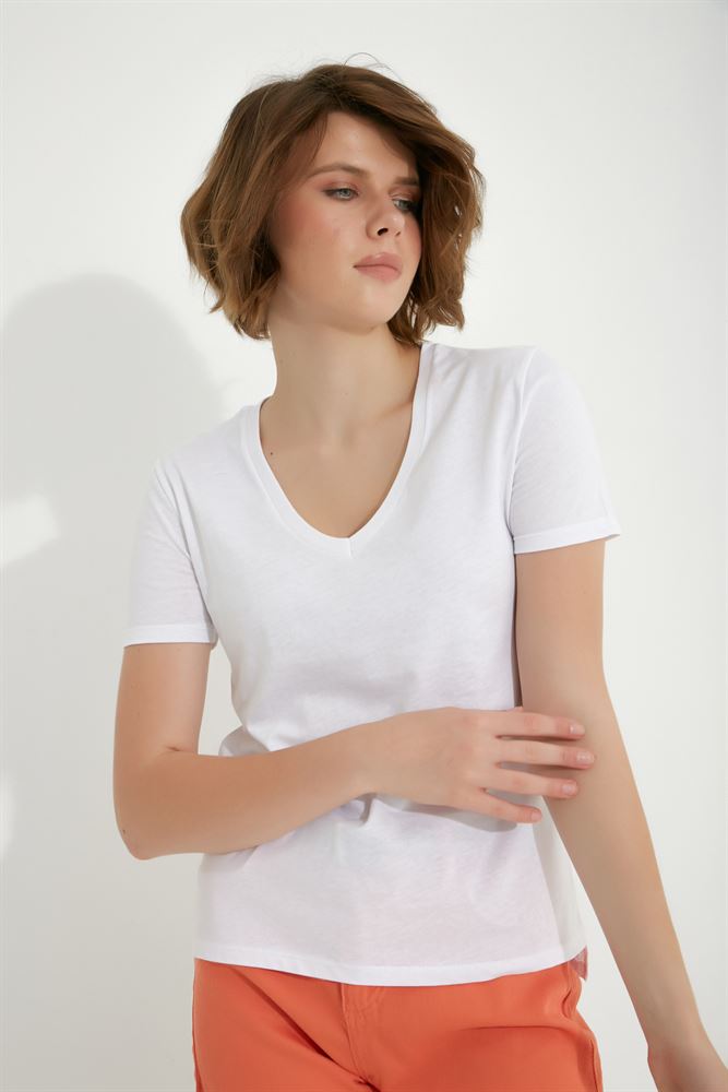 Kadın V Yaka Kısa Kollu Basic Örme T-shirt