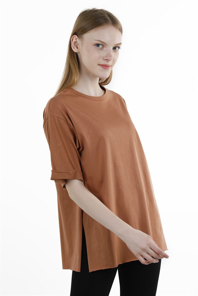Kadın Yanları Yırtmaçlı Oversize Örme T-shirt