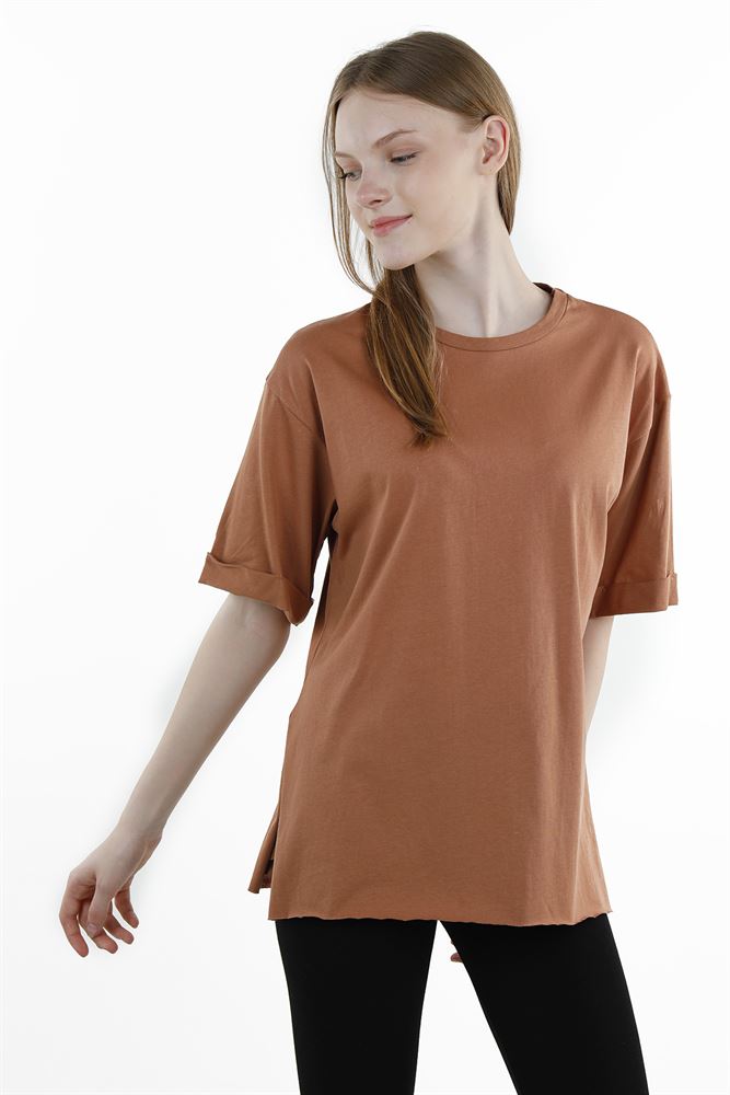 Kadın Yanları Yırtmaçlı Oversize Örme T-shirt