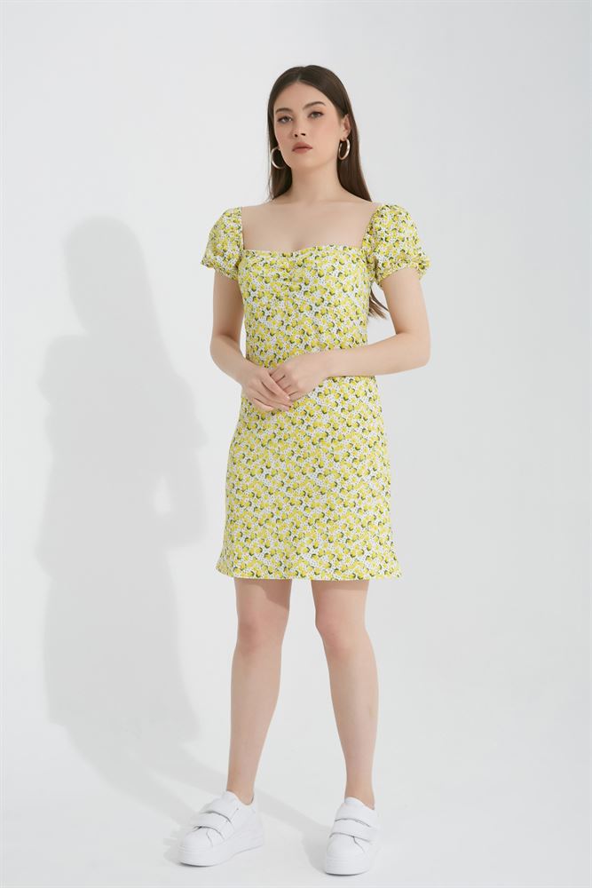 Kadın Limon Desenli Karpuz Kol Elbise