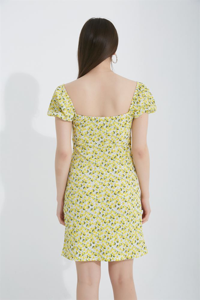 Kadın Limon Desenli Karpuz Kol Elbise