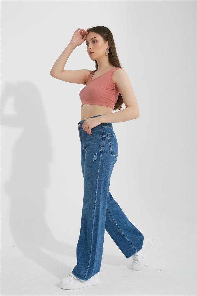 Kadın Yüksek Bel Kesik Detaylı Wide Leg Jeans