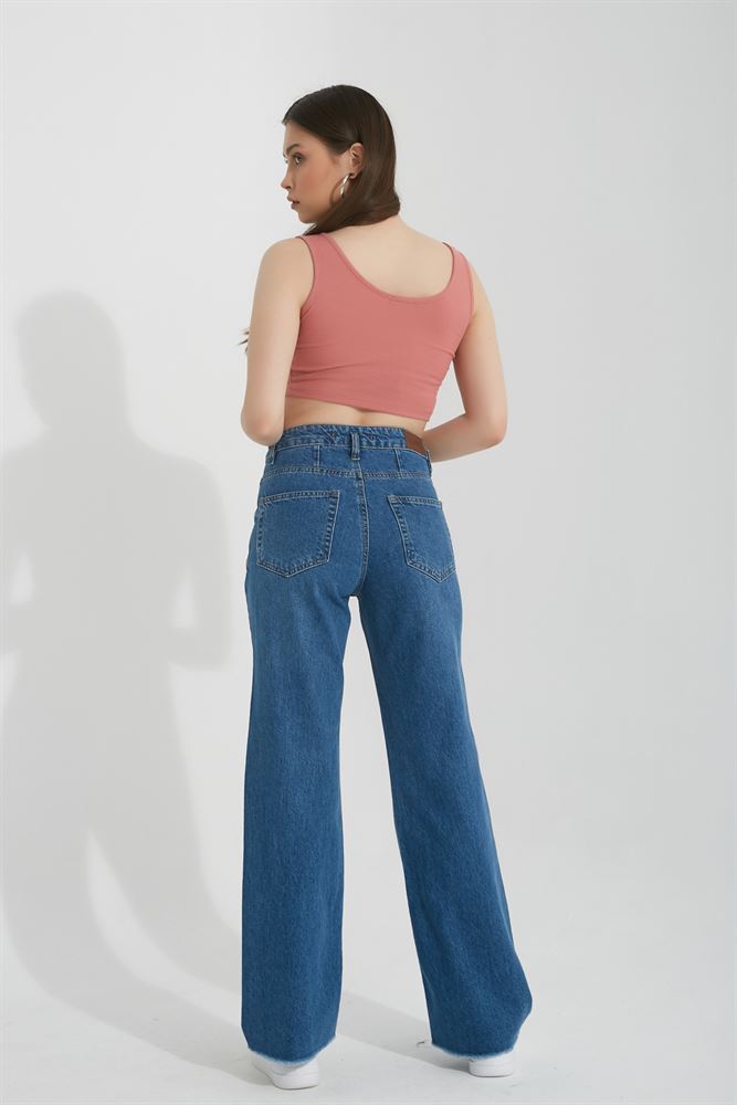 Kadın Yüksek Bel Kesik Detaylı Wide Leg Jeans