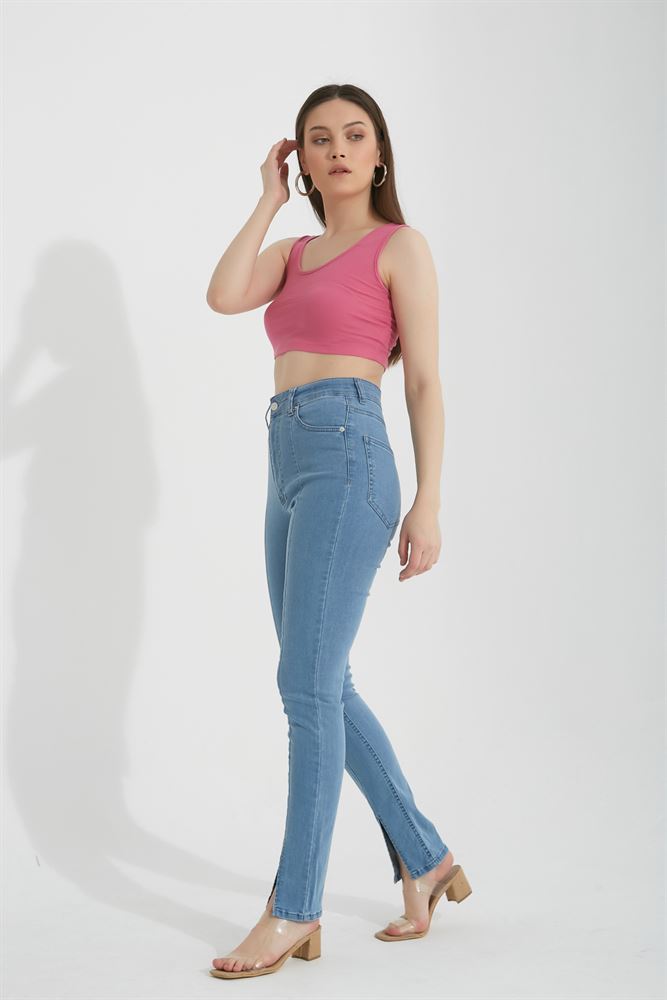 Kadın Yırtmaçlı Yüksek Bel Slim Flare Jeans