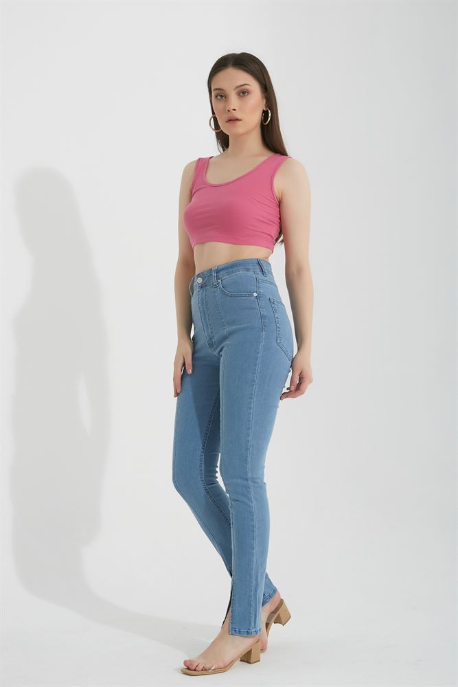 Kadın Yırtmaçlı Yüksek Bel Slim Flare Jeans