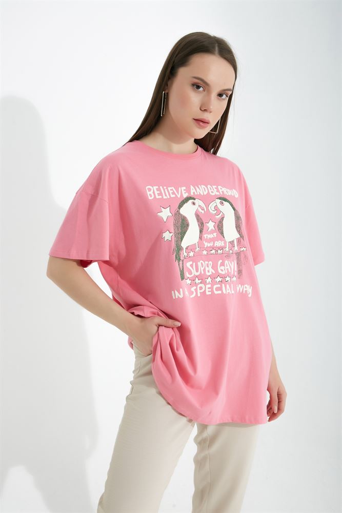 Kadın Papağan Figür Baskılı Loose Örme Tshirt