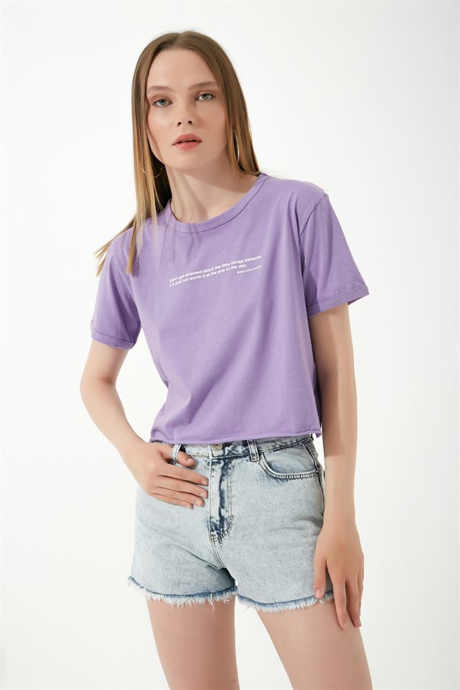 Kadın Yazı Baskılı Basic Crop Örme T-shirt