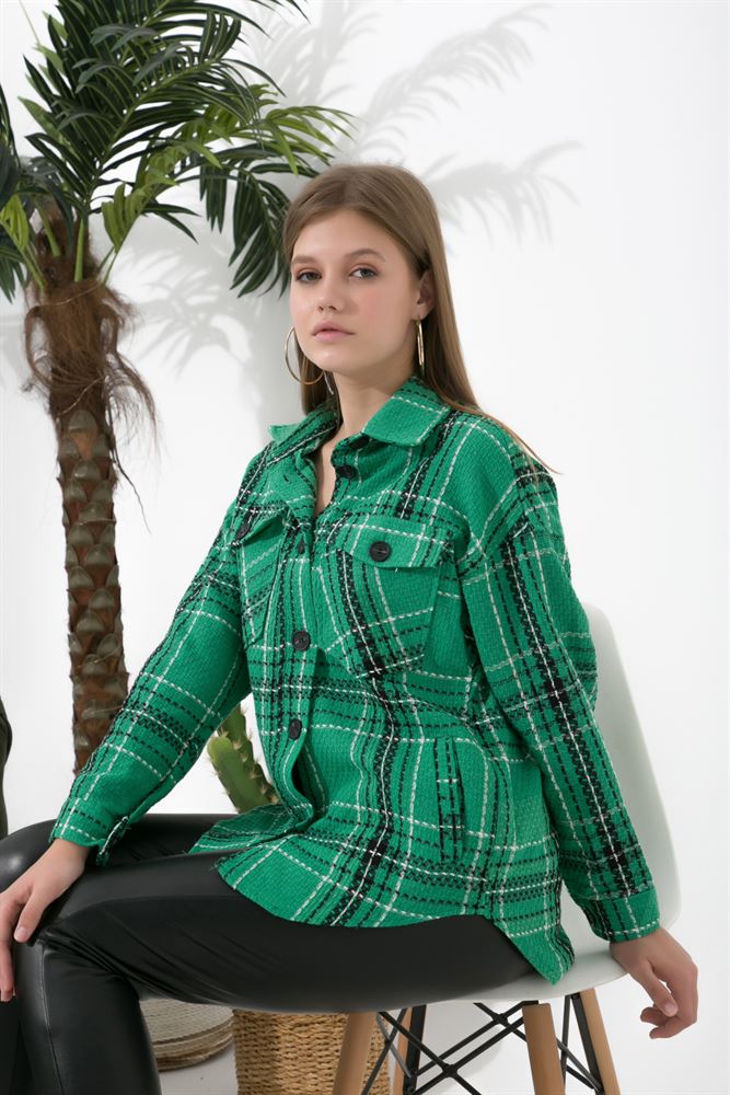 Kadın Rahat Kesim Kareli Cep Detaylı Oduncu Gömlek