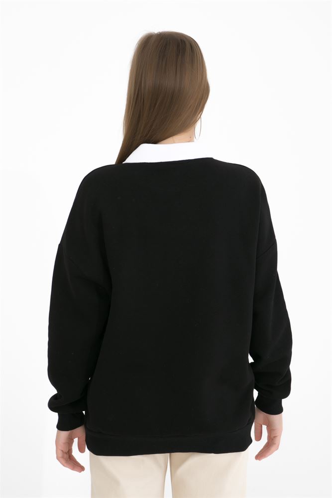 Kadın Polo Yaka Yazı Baskı Detaylı Örme Basic Sweatshirt