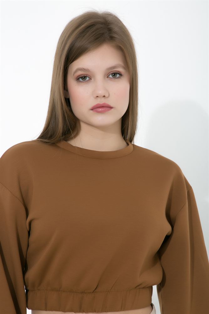 Kadın Lastik Detaylı Basic Örme Crop Sweatshirt