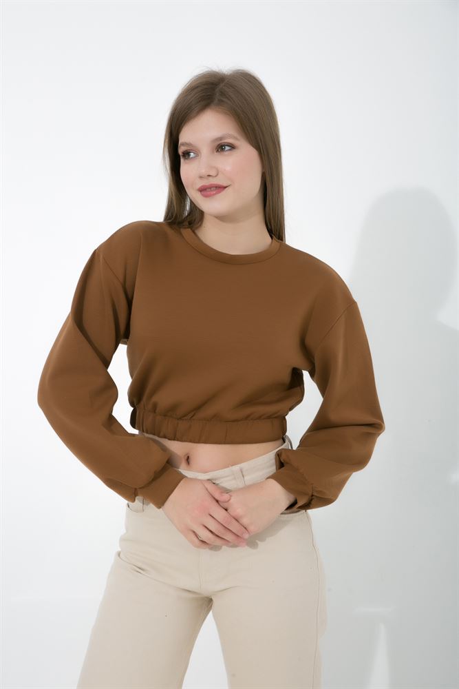 Kadın Lastik Detaylı Basic Örme Crop Sweatshirt