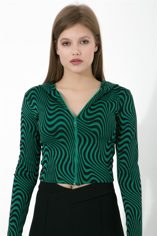 Kadın Kapüşonlu Zigzag Desenli Bluz
