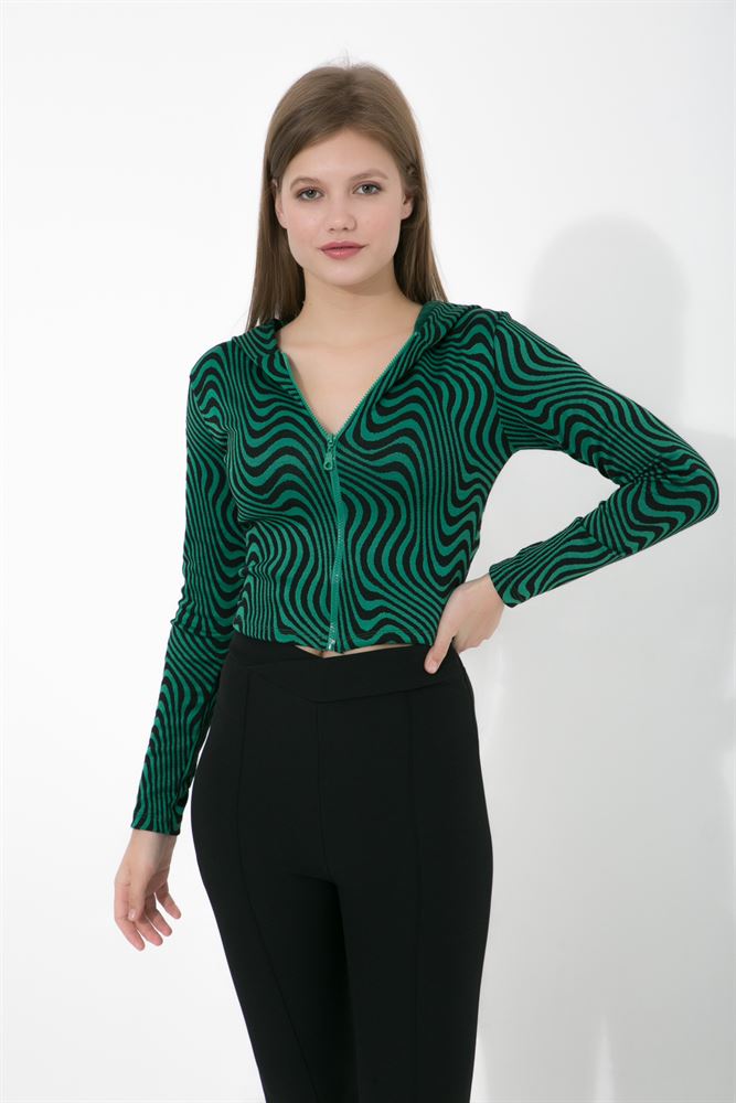 Kadın Kapüşonlu Zigzag Desenli Bluz