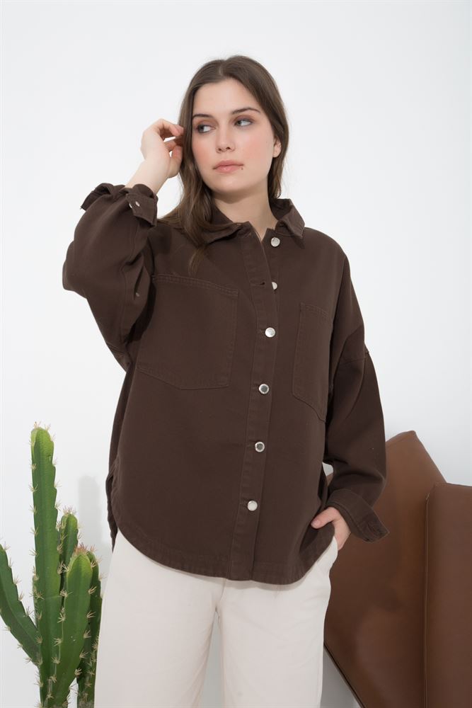 Kadın Düğme Detaylı Cepli Denim Ceket Gömlek