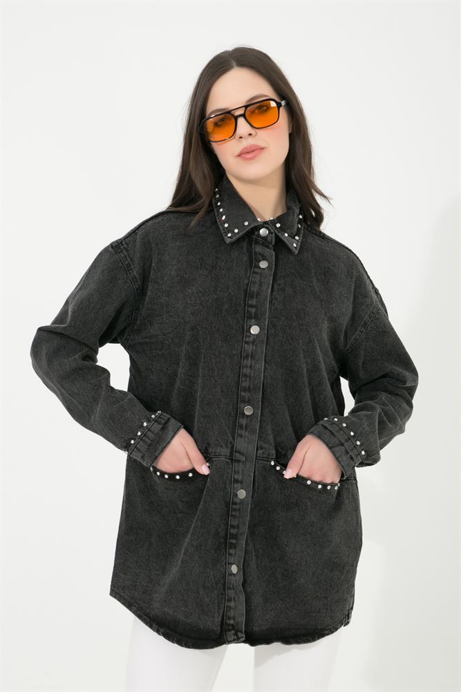 Kadın Boncuk Detaylı Denim Jean Ceket