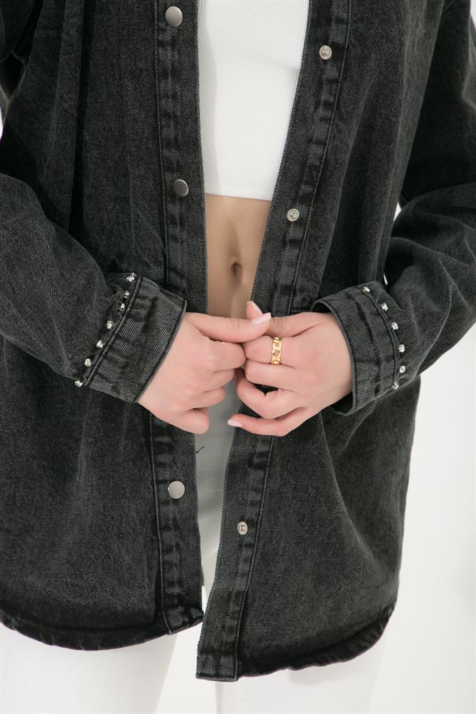 Kadın Boncuk Detaylı Denim Jean Ceket