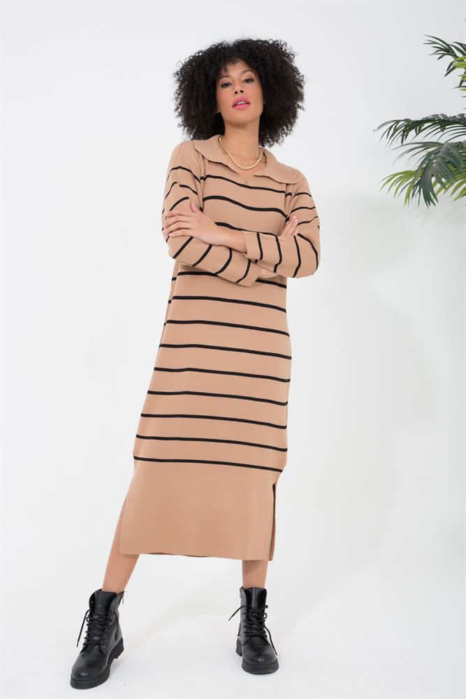 Kadın Çizgili Yırtmaç Detaylı Maxi Triko Elbise