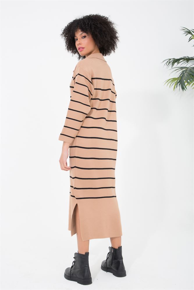 Kadın Çizgili Yırtmaç Detaylı Maxi Triko Elbise